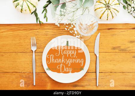 Greeting card for Thanksgiving Day with stylish table setting Stock Photo