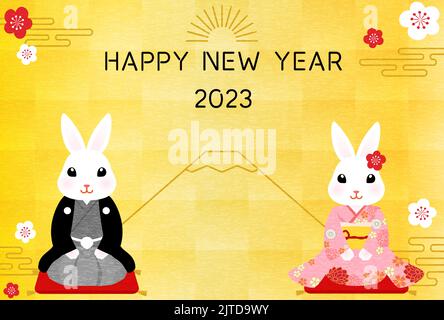 Japanese-style New Year's card for the year of the Rabbit 2023, Kimono rabbit, Mt. Fuji and gold leaf background Stock Vector