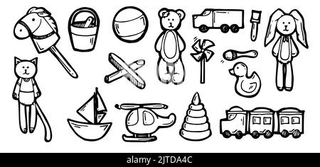 Toys for children of different ages. Set of toys objects. Outline hand drawn sketch. Drawing with ink. Isolated on white background. Vector. Stock Vector
