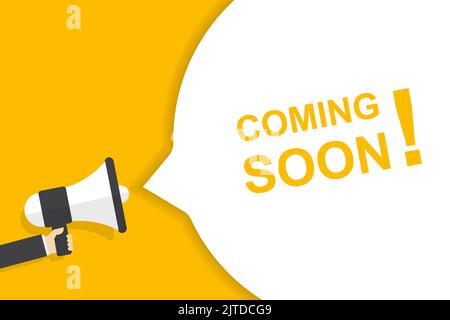 hand holding megaphone with coming soon speech bubble banner vector with copy space for business, marketing, flyers, banners, presentations, and poste Stock Vector