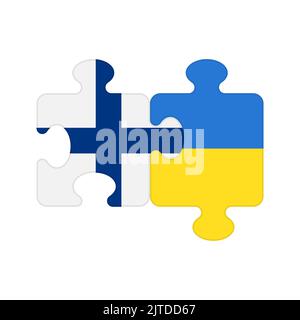 Puzzle pieces with flags of Finland and Ukraine. Connected parts of jigsaw as symbol of partnership, cooperation and support between two friendly countries, friendship between Kyiv and Helsinki Stock Vector