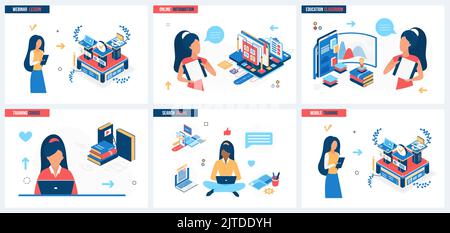 Webinar course, online education set vector illustration. Cartoon students study in virtual classroom, work with information in mobile apps concept for banner, website design or landing web page Stock Vector