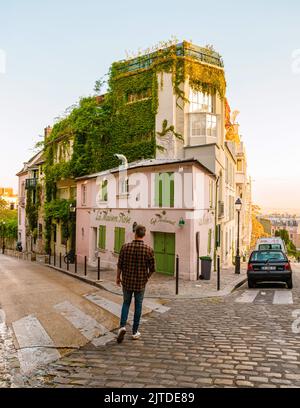 Paris France September 2021, Streets of Montmartre in the early morning with cafes and restaurants, and colorful street views. La Maison Rose cafe restaurant at Montmarte.  Stock Photo