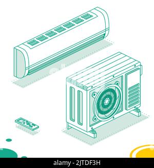 Air Conditioning System. Isometric Outline Concept. Outdoor Unit with Indoor and Remote Controller. Household Equipment for Cooling, Stock Vector