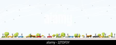 Pixel Art Landscape with Cars, Trees and Blue Sky. Panorama with City Elements and Copy Space. Vector Illustration. Stock Vector