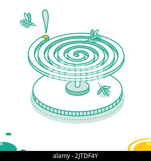 Mosquito Coil with Mosquitoes Isolated on White Background. Vector Illustration. Isometric Outline Object. Stock Vector