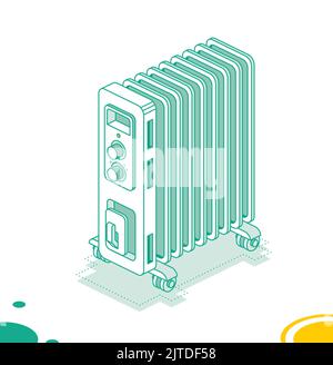 Electric Room Oil Heater. Vector Illustration. Isometric Outline Concept. Object Isolated on White Background. Stock Vector