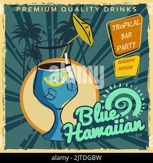 Blue Hawaiian Retro poster design. Cocktail lounge vintage background, scratched old textured paper Stock Vector