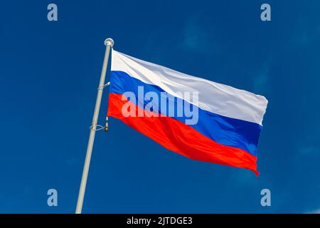 The national flag of Russia, the State Flag of the Russian Federation is on a flagpole under blue sky on a sunny day Stock Photo