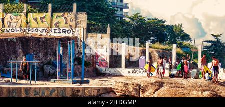 RIO DE JANEIRO, BRAZIL - APRIL,26,2015: local youth involved in sports in a special place on Ipanema beach during weekends Stock Photo