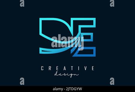 Outline blue letter DE d e logo with leading lines and road concept design. Letters with geometric design. Vector Illustration with letter. Stock Vector