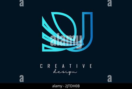 Outline blue letter DJ d j logo with leading lines and road concept design. Letters with geometric design. Vector Illustration with letter. Stock Vector