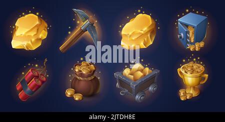 Gold mining game props collection isolated on background. Set of cartoon dynamite, pickaxe, sparkling coins in sack, cart with precious metal, safe and cup full of money. Vector ui design elements Stock Vector