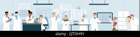 Science laboratory research and development. Medicine, genetics, chemistry or biochemistry scientists working together in lab with microscope and equipment, Cartoon linear flat vector illustration Stock Vector