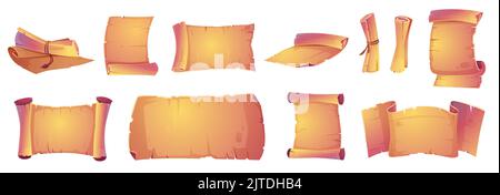 Ancient parchment scrolls, old manuscripts. Black antique letters, rolled up documents, empty vintage yellow paper sheets isolated on white background, vector cartoon set Stock Vector
