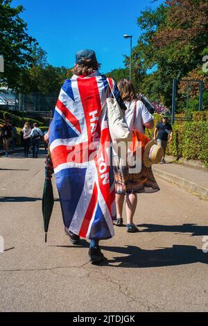 Monza, Italy. 03rd Sep, 2017. A Lewis Hamilton fan with the British flag at the 2017 Italian Grand Prix in Monza. Scuderia Ferrari celebrates its 70th anniversary at the 2017 Italian Grand Prix. Lewis Hamilton (Mercedes) won the race from pole position (his 69th, which broke the record held by Michael Schumacher) ahead of his teammate Valtteri Bottas. Sebastian Vettel's Ferrari finished more than 30 seconds behind the two Mercedes. (Photo by Laurent Coust/SOPA Images/Sipa USA) Credit: Sipa USA/Alamy Live News Stock Photo