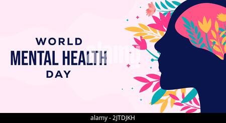 flat world mental health day banner illustration with person silhouette and floral Stock Vector