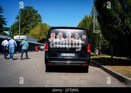 Monza, Italy. 03rd Sep, 2017. A Mercedes team car at the 2017 Italian Grand Prix in Monza. Scuderia Ferrari celebrates its 70th anniversary at the 2017 Italian Grand Prix. Lewis Hamilton (Mercedes) won the race from pole position (his 69th, which broke the record held by Michael Schumacher) ahead of his teammate Valtteri Bottas. Sebastian Vettel's Ferrari finished more than 30 seconds behind the two Mercedes. (Photo by Laurent Coust/SOPA Images/Sipa USA) Credit: Sipa USA/Alamy Live News Stock Photo