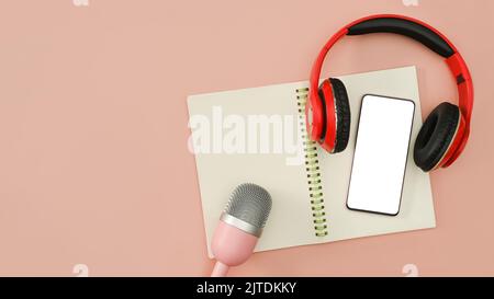 Flat lay smart phone, headphone, microphone and notebook on pink background. Radio, podcasts, blogging and technology concept Stock Photo
