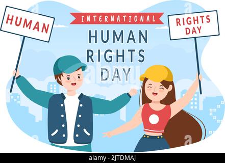 Human Rights Day Template Hand Drawn Flat Cartoon Illustration with Hands Raised Breaking Chains or Holding Hand Design Stock Vector