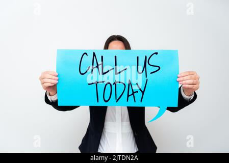 Text sign showing Call Us Today. Business approach Make a telephone calling to ask for advice or support Important Messages Presented On Piece Of Stock Photo