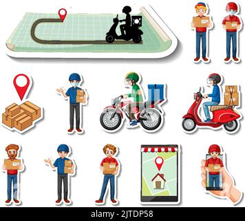 Sticker set of delivery objects and cartoon characters illustration Stock Vector