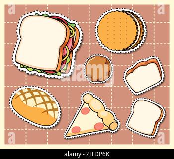 Mixed food cartoon sticker on grid background illustration Stock Vector