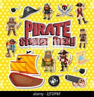 Sticker pack of pirate cartoon characters and objects illustration ...