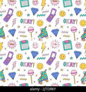 Bright seamless pattern with items from the nineties - floppy disk, quad roller skates, retro flip phone, lightnings, smile, diamonds, lollipop, stars Stock Vector