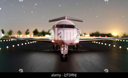 Airplane taking off the airport at night. Airplane on the runway over blurred dark sky in the background. front view. Transportation concept. 3d rende Stock Photo