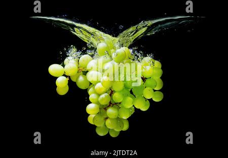 White grapes splashing underwater isolated on black background. Stock Photo