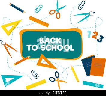 Back to school poster, banner design template. Vector flat illustration of multicolour pencils, scissors, rulers. Education background. Stock Vector