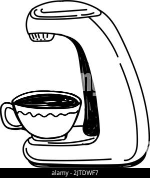 A hand-drawn icon of a coffee machine with a cup of coffee. The way the coffee is brewed. Capsule coffee machine. Morning. tomorrow Isolated vector il Stock Vector