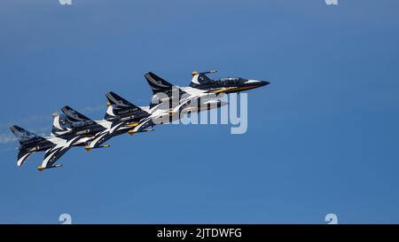 5 T-50B Golden Eagle aircraft of the Republic of Korea Air Force Black Eagles display team perform a close-formation flight maneouvre at RIAT 2022. Stock Photo