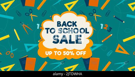 Back to school poster, banner design template for sale or promotion. Vector flat illustration of multicolour pencils, scissors, rulers. Education background. Stock Vector