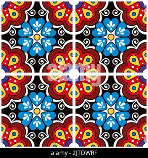 Mexican talavera floral design vector tiles seamless pattern, decorative vibrant background with flowers and swirls Stock Vector