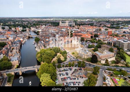 YORK, UK - AUGUST 28, 2022.  An aerial panoramic landscape of the River Ouse flowing through the historic city of York Stock Photo