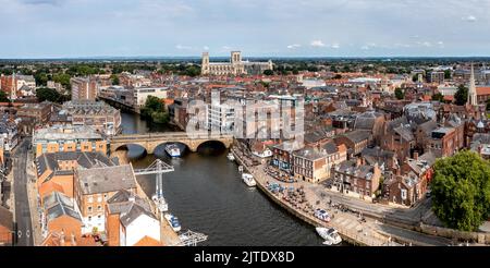 YORK, UK - AUGUST 28, 2022.  An aerial panoramic landscape of the River Ouse flowing through King's Staith in the historic city of York Stock Photo