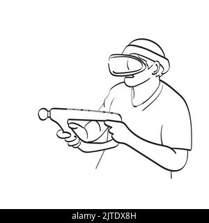line art man playing shooting gun with vr glasses illustration vector hand drawn isolated on white background Stock Vector