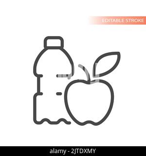 Water bottle and an apple line vector icon. Healthy and vegan eating outlined symbol. Stock Vector