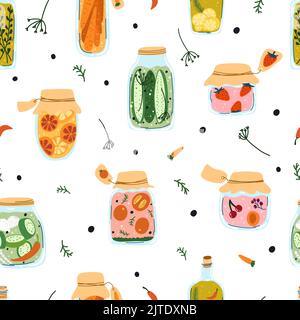 Semless pattern with home made pickles, canned fruit and vegetables in cartoon hand drawn flat style. Glass jar with preserved food, compote, marmalad Stock Vector