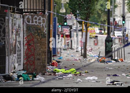 The scene in Ladbroke Grove, west London, where a 21-year-old man has died after being stabbed on the final day of the Notting Hill Carnival. Picture date: Tuesday August 30, 2022. Stock Photo