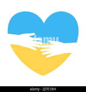Hands hug blue yellow ukrainian heart shape peace concept vector illustration. Support help love Ukraine in fight for freedom against agression. Stock Vector