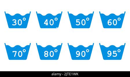 Wash at 30 to 95 degrees. Degrees of water. Set of isolated wash icons. Vector illustration. Stock Vector
