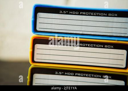 identity sticker on hard disk storage plastic box Stock Photo