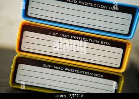 identity sticker on hard disk storage plastic box Stock Photo