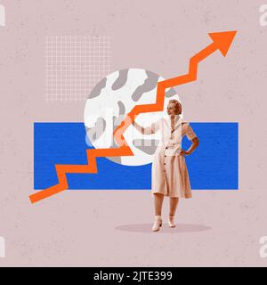 Retirement savings. Conceptual art collage with happy senior woman holding big orange arrow showing upward direction. Business, finance, deposits and Stock Photo