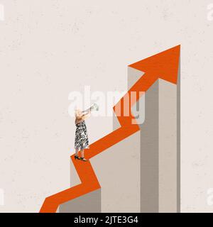 Conceptual art collage with senior woman shouting at megaphone standing on big ornage arrow showing upward direction. Economic crisis, increase Stock Photo