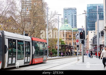 Sydney city centre and Town Hall area with Sydney light rail train travelling along George street,Sydney,NSW,Australia Stock Photo