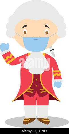 Wolfgang Amadeus Mozart cartoon character with surgical mask and latex gloves as protection against a health emergency Stock Vector